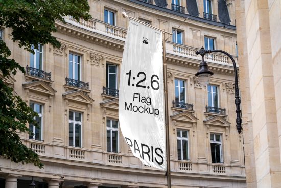 Urban flag mockup hanging on building facade with Parisian architecture, ideal for presenting design work and branding in a realistic setting.